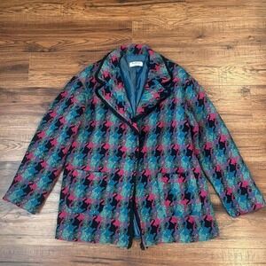 Via Vitale Italian Wool Blend Coat‎ Multi Colour Houndstooth Women L Maximalist